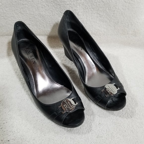 Ralph Lauren black wedge heels with metal buckle - Picture 1 of 7